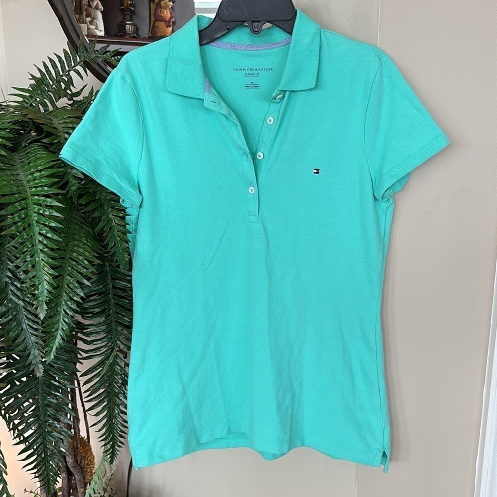 NWOT Tommy Hilfiger Turquoise Polo Shirt Short Sleeve Classic Fit Preppy Y2K